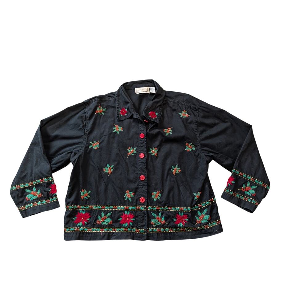 Life Style Women's Vintage Christmas Shirt Embroidered Poinsettia Black Size XL